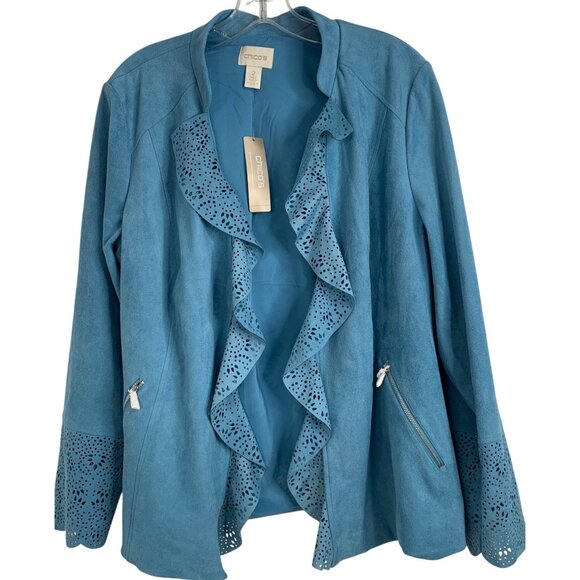 Chicos Blue Faux Suede Perforated Ruffle Jacket Size 12 L New RH10190 NWT - Picture 2 of 9